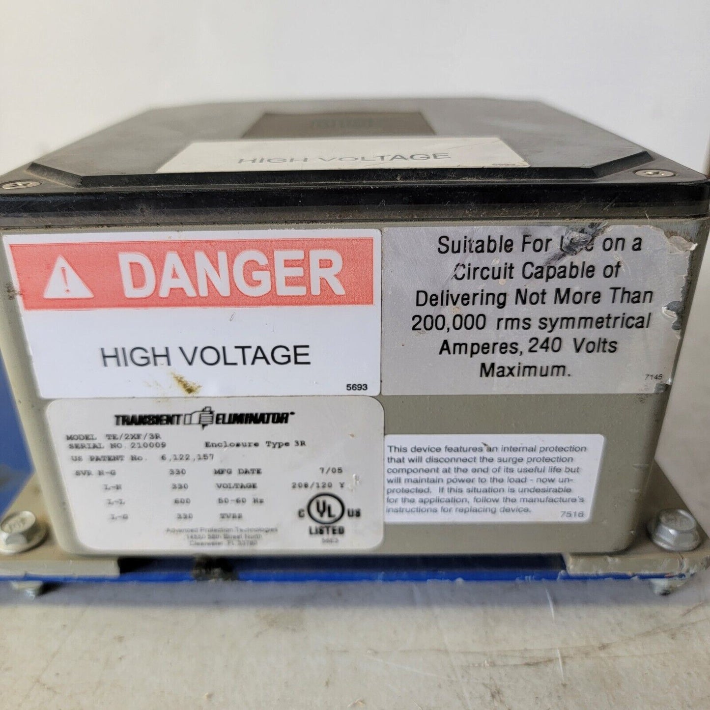 Transient Eliminator TE/2XF/3R Surge Protector 208/120V 50-60Hz Enclosure 3R