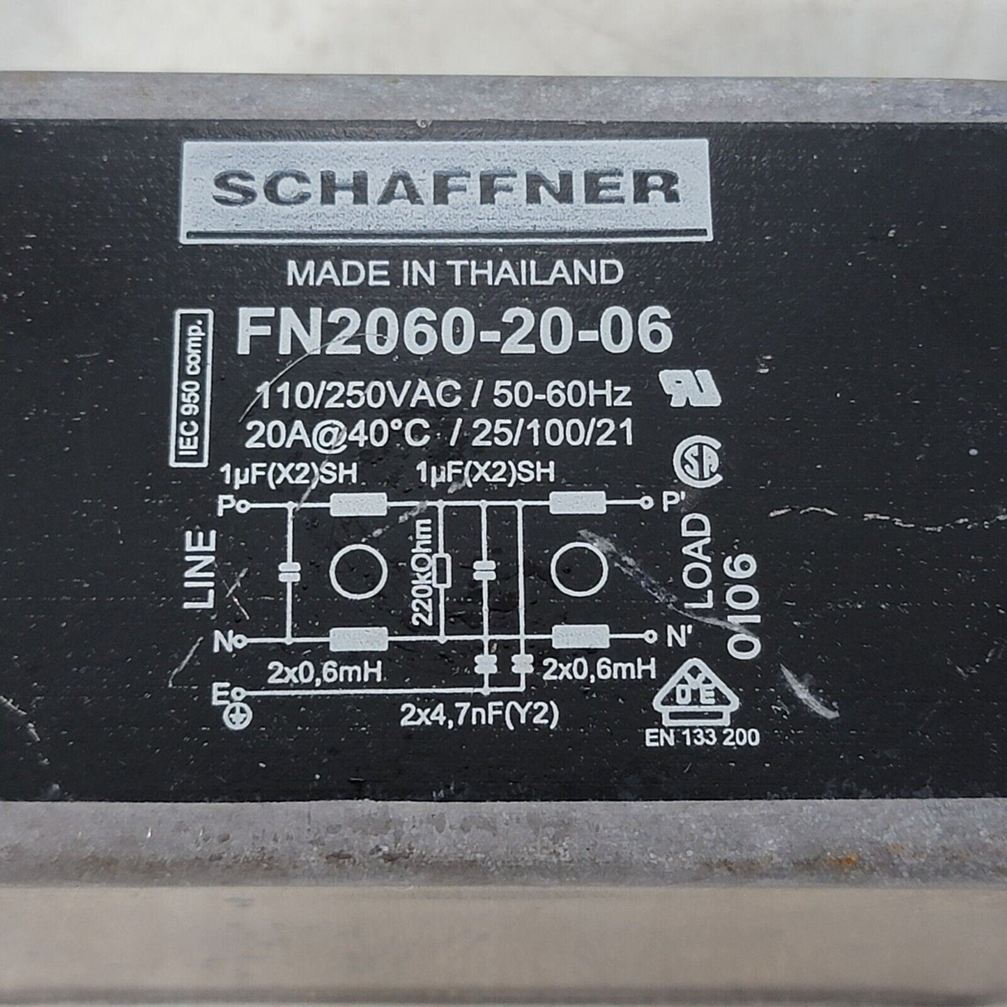 Schaffner FN2060-20-06 EMI Two-Stage Filter, 110/250VAC, 50-60Hz, 20A