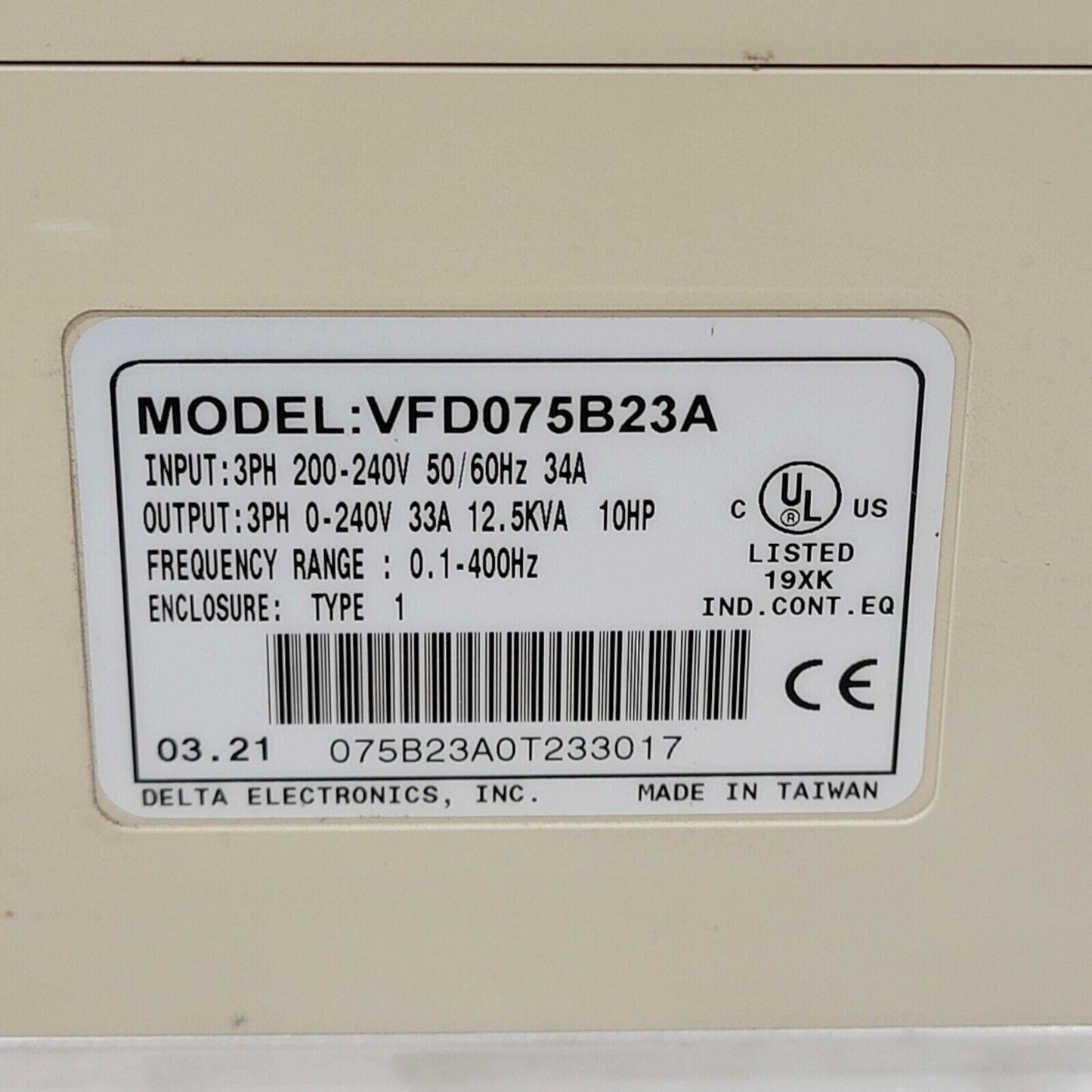 Delta Inverter VFD075B23A AC Variable Frequency Drive VFD-B 10HP 3PH 240V