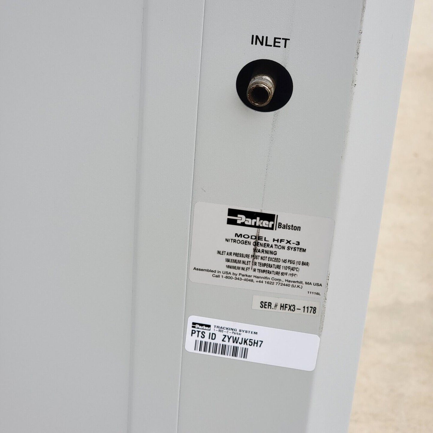 Parker HFX-3 Nitrogen Generator 99% Max Purity, 145psig Max Pressure, 212 SCFH