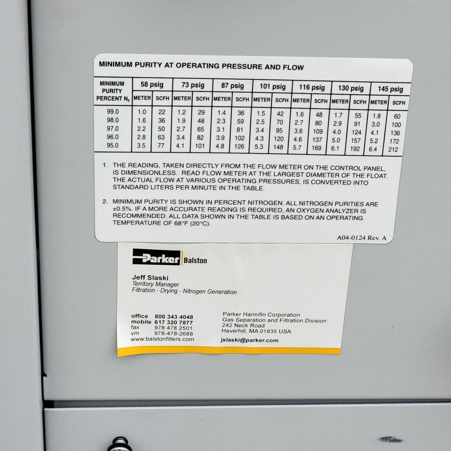 Parker HFX-3 Nitrogen Generator 99% Max Purity, 145psig Max Pressure, 212 SCFH