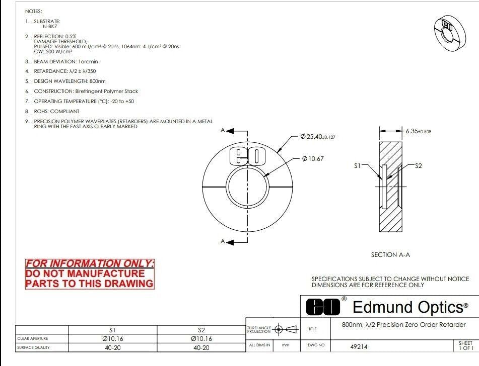Edmund Optics 49-214 Precision Zero Order Waveplates (Retarders) 1/2 800nm