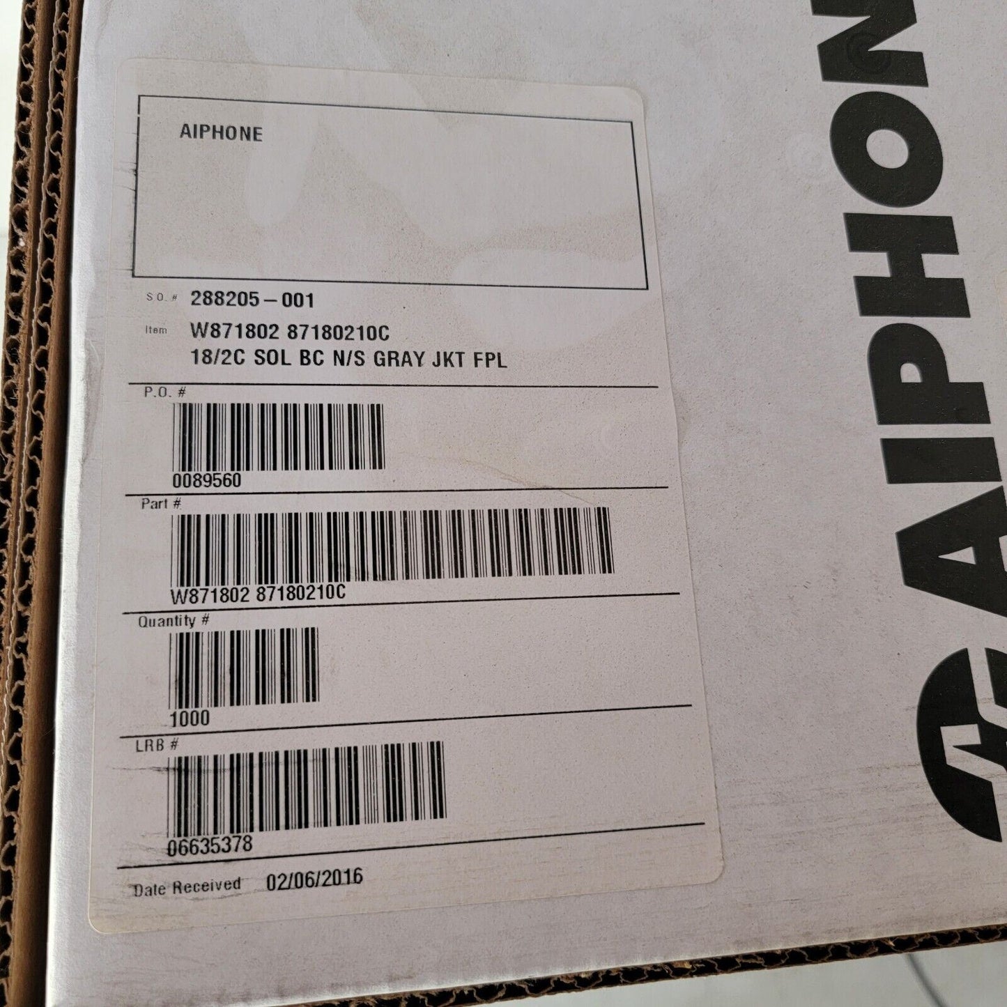 *Price Per FT* Aiphone W 871802 10c, 18 Awg 2 Conductor Non-Shielded Wire