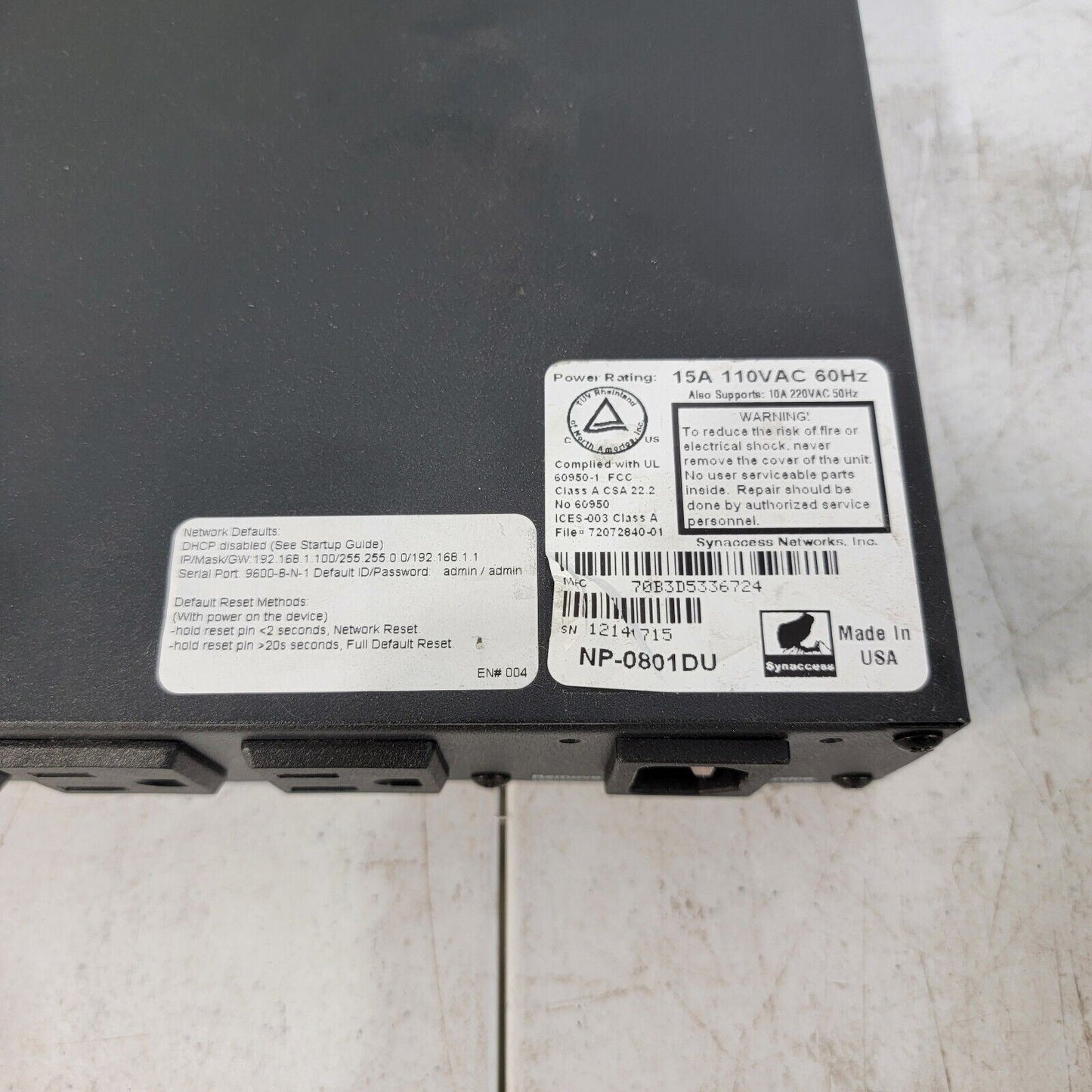 Synaccess NP-0801DU Remote Power 8 Switched PDU w/ Current Meter netBooter