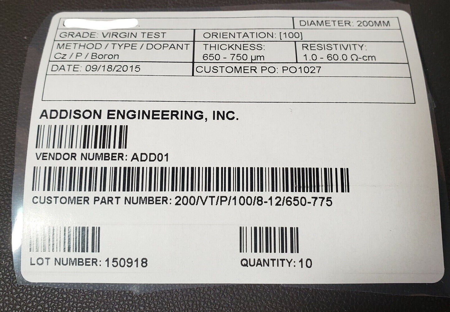 1x 200mm Silicon Wafer Boron Doped 1.0-60.0 Ohms/cm 650-750um Thickness