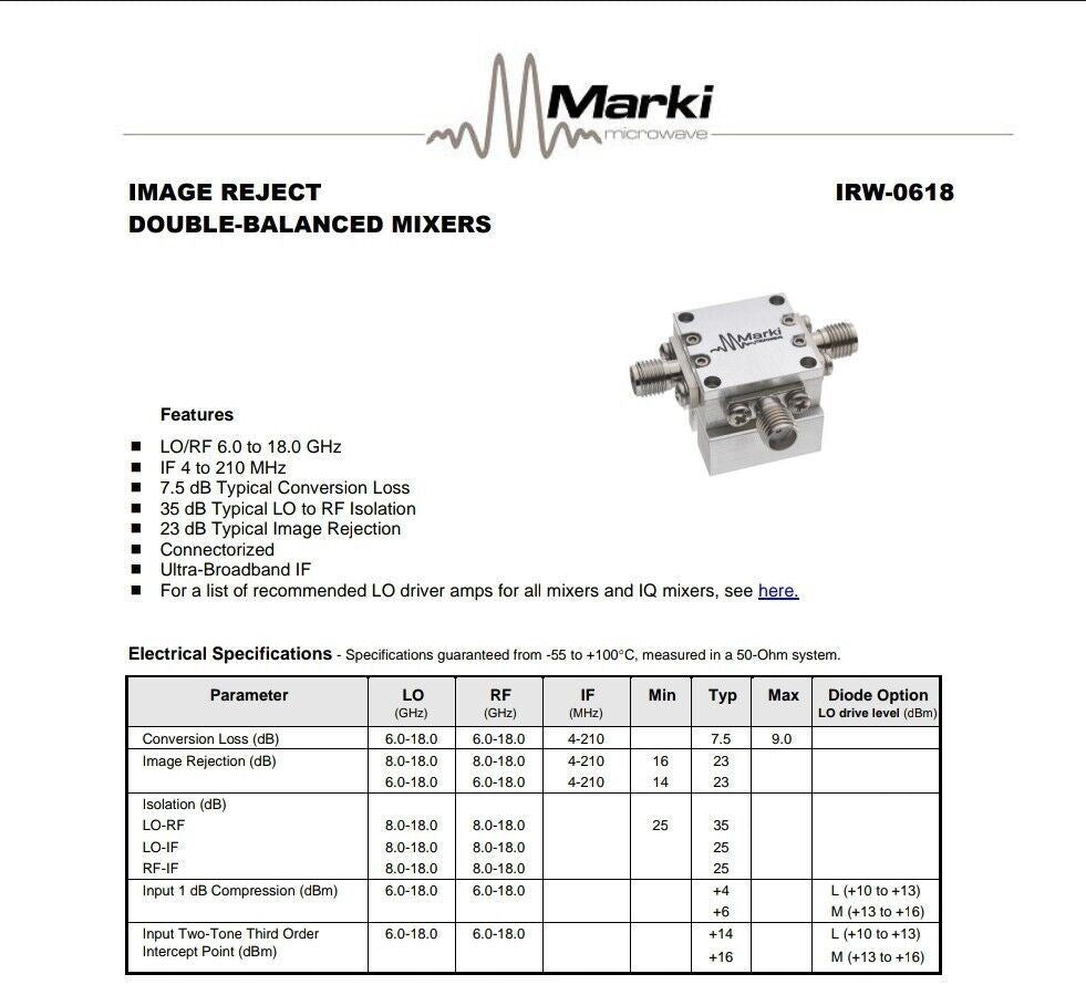Marki Microwave IRW0618LXW-1 6.0-18.0 GHz RF Mixer Image Rej Double-Balanced SMA