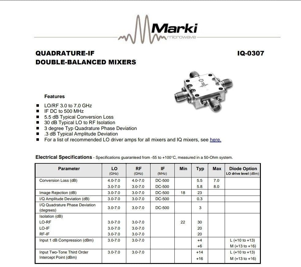 Marki Microwave IQ0307MXP 3.0-7.0 GHz RF Mixer Double-Balanced SMA
