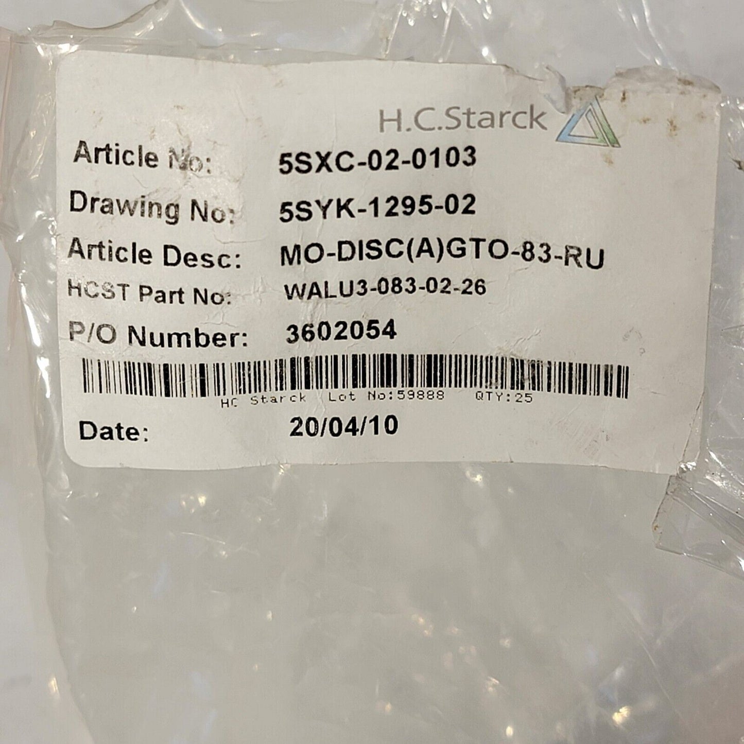 99.95% Pure MO Molybdenum Disc 4.74oz HC Starck MO-DISC(A)GTO-83-RU