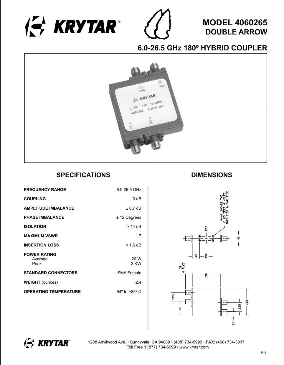 Krytar 4060265 3dB 180 Degree Hybrid Coupler 6-26.5 GHz SMA, 20W Average Power