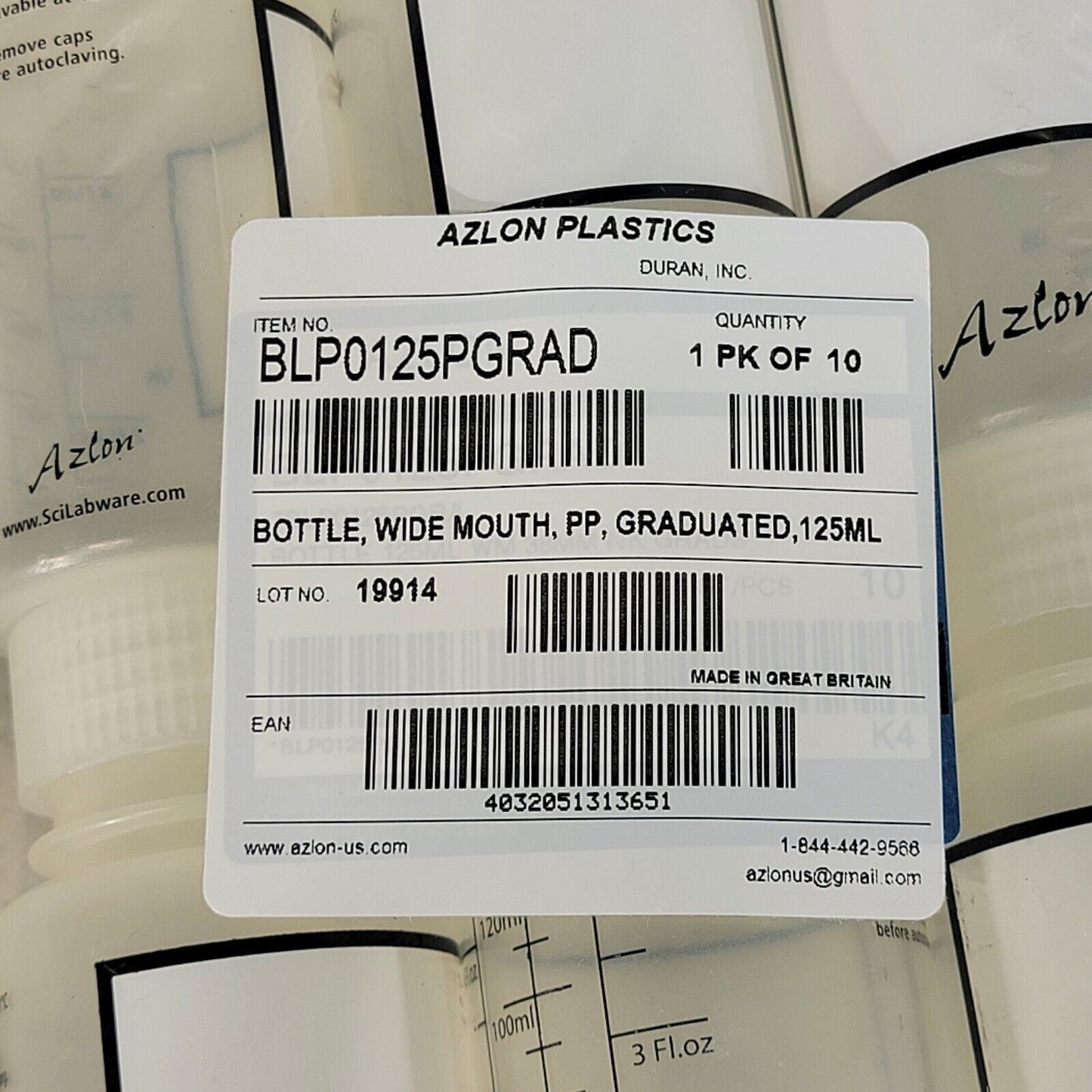 Azlon BLP0125PGRAD Wide Mouth PP Graduated Bottle 125 mL Pack of 10