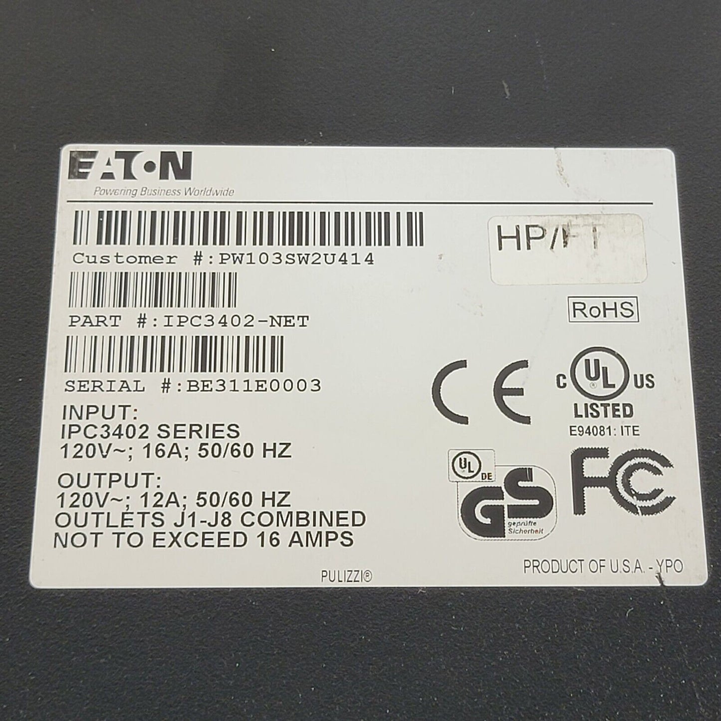 Eaton Intelligent Remote Power Controller IPC3402-NET 8-Outlet 16A 1U Rackmount