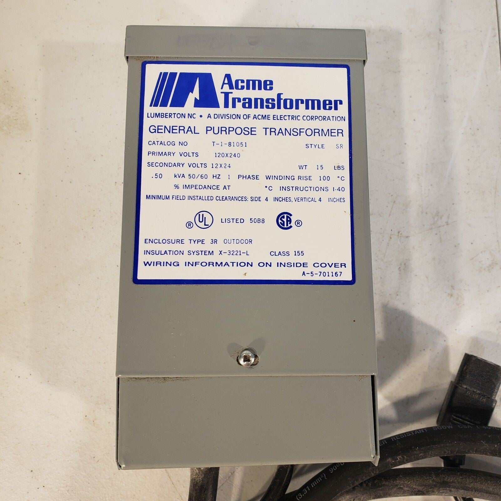 Acme Transformer T181051 120x240V Primary 12x24v Secondary Lab