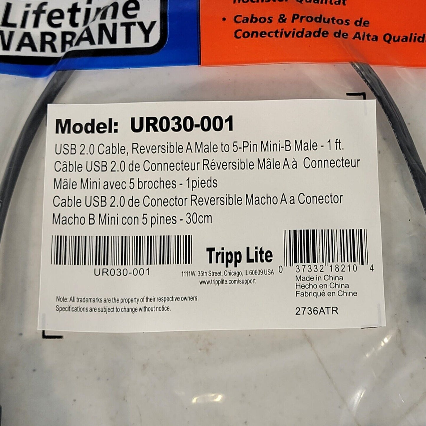 Tripp-Lite UR030-001 USB 2.0 Cable Reversible Male A To 5-Pin Mini-B Male 1 Foot