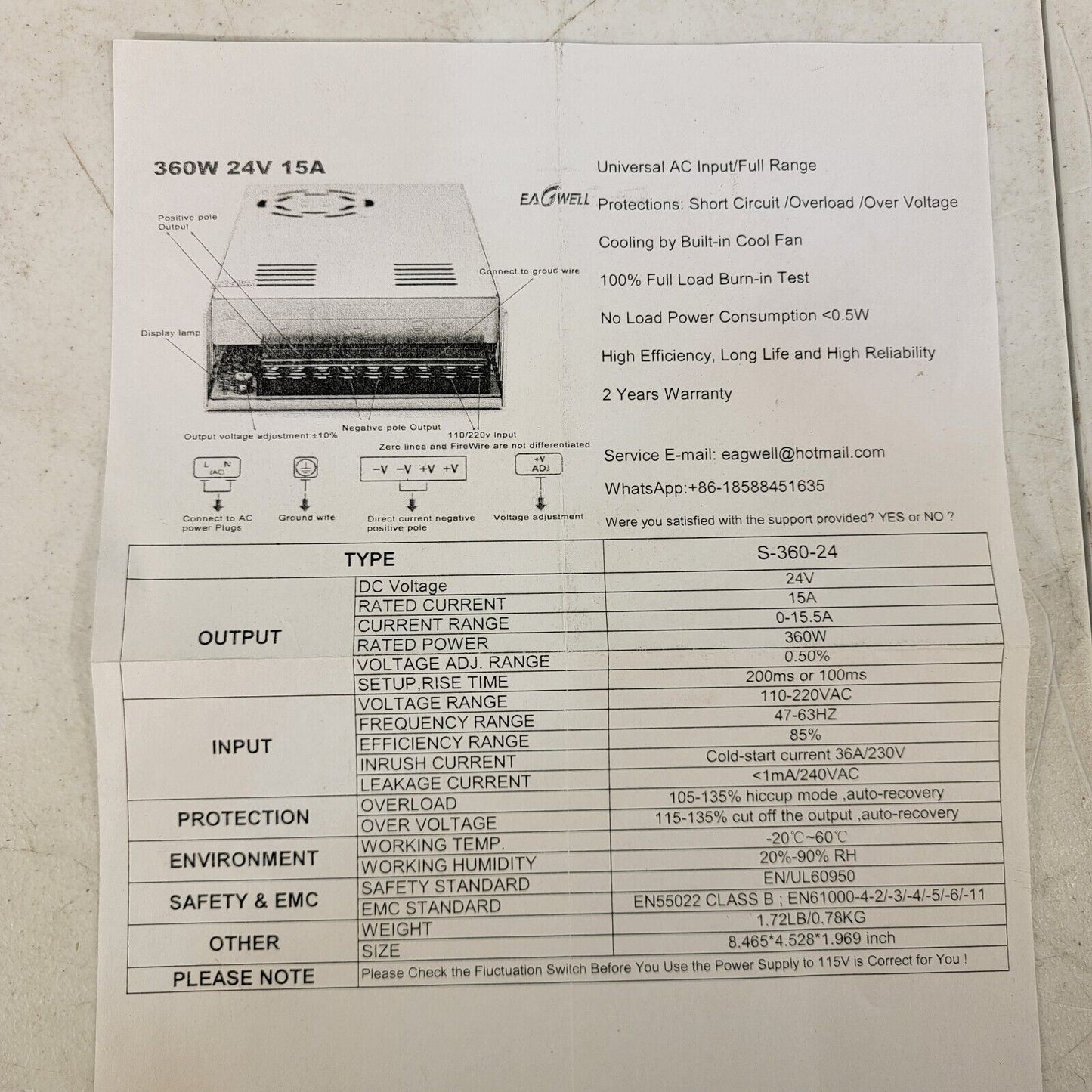 S-360-24 Switching Power Supply SMPS DC24V 360W