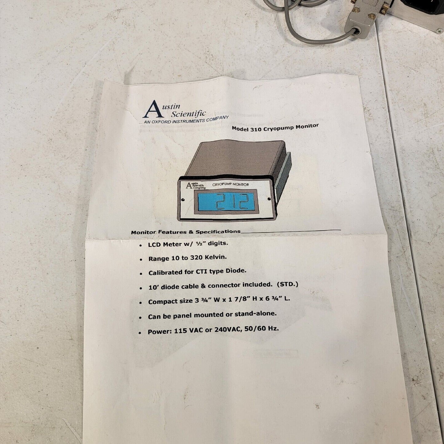Oxford Austin Scientific 310 Cryopump Monitor w/ Probe Cable CTI
