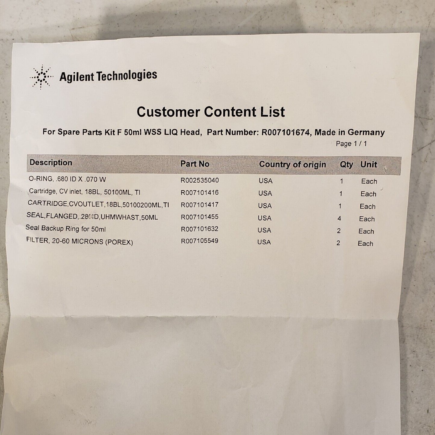 Agilent Technologies Spare Part Kit F 50ml WSS LIQ Head R007101674 TMP40866 HPLC