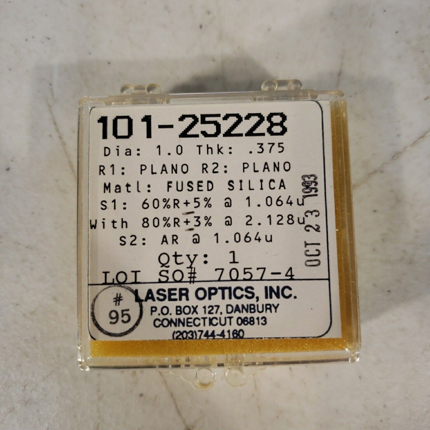 Laser Optics 1" Dia Bandpass Filter 60%R @ 1064nm, 80%R @ 2128nm W/ AR Coating
