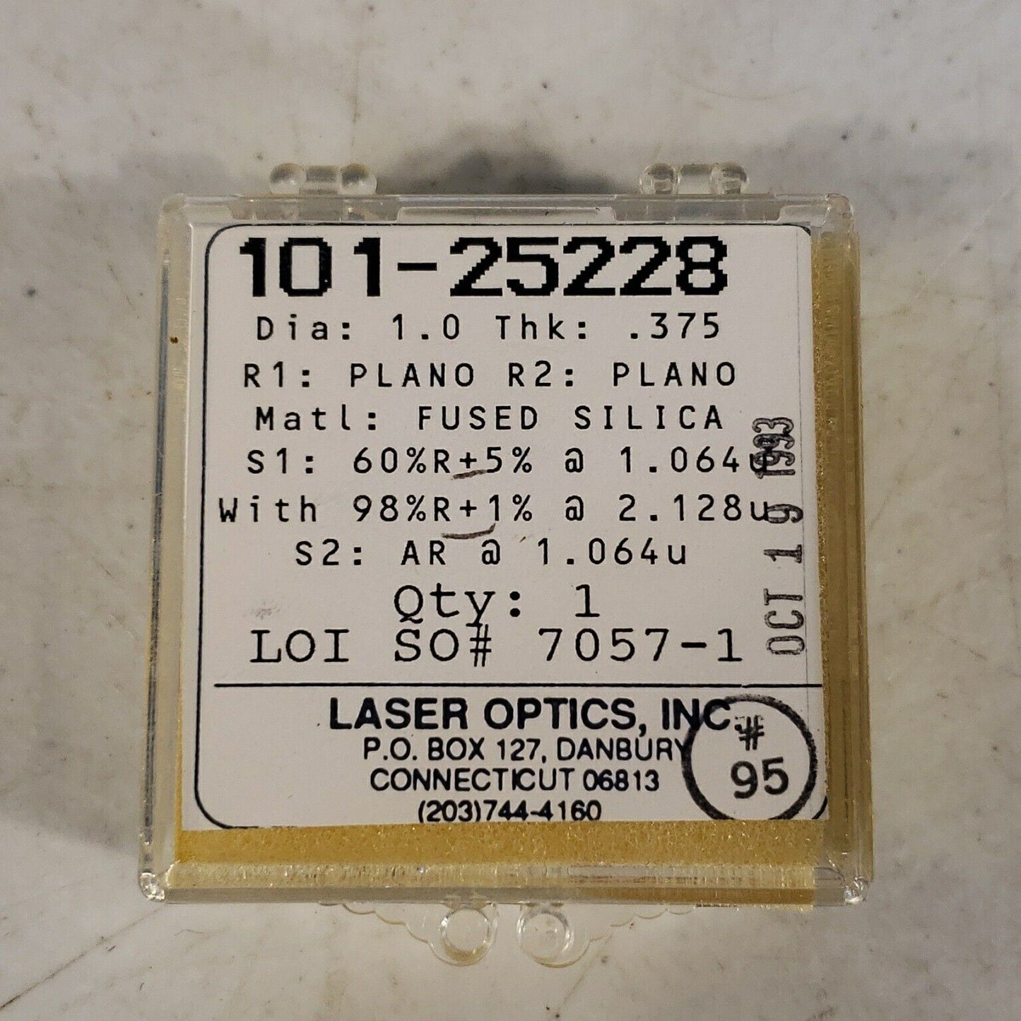 Laser Optics 1" Dia Bandpass Filter 60%R @ 1064nm, 98%R @ 2128nm W/ AR Coating
