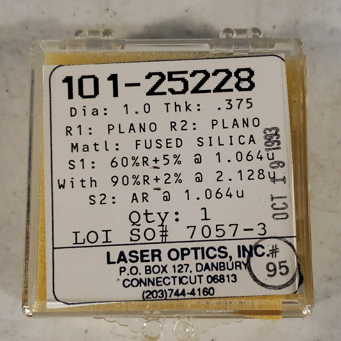 Laser Optics 1" Dia Bandpass Filter 60%R @ 1064nm, 90%R @ 2128nm W/ AR Coating