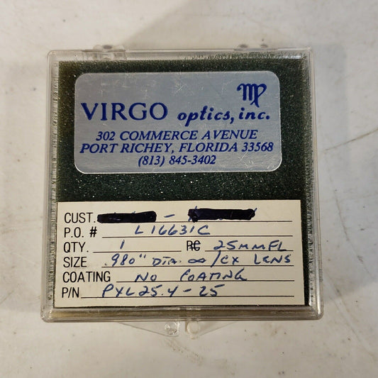 Virgo Optics .98" 1" Dia Spherical Lens 25mm Focal Length No Coating