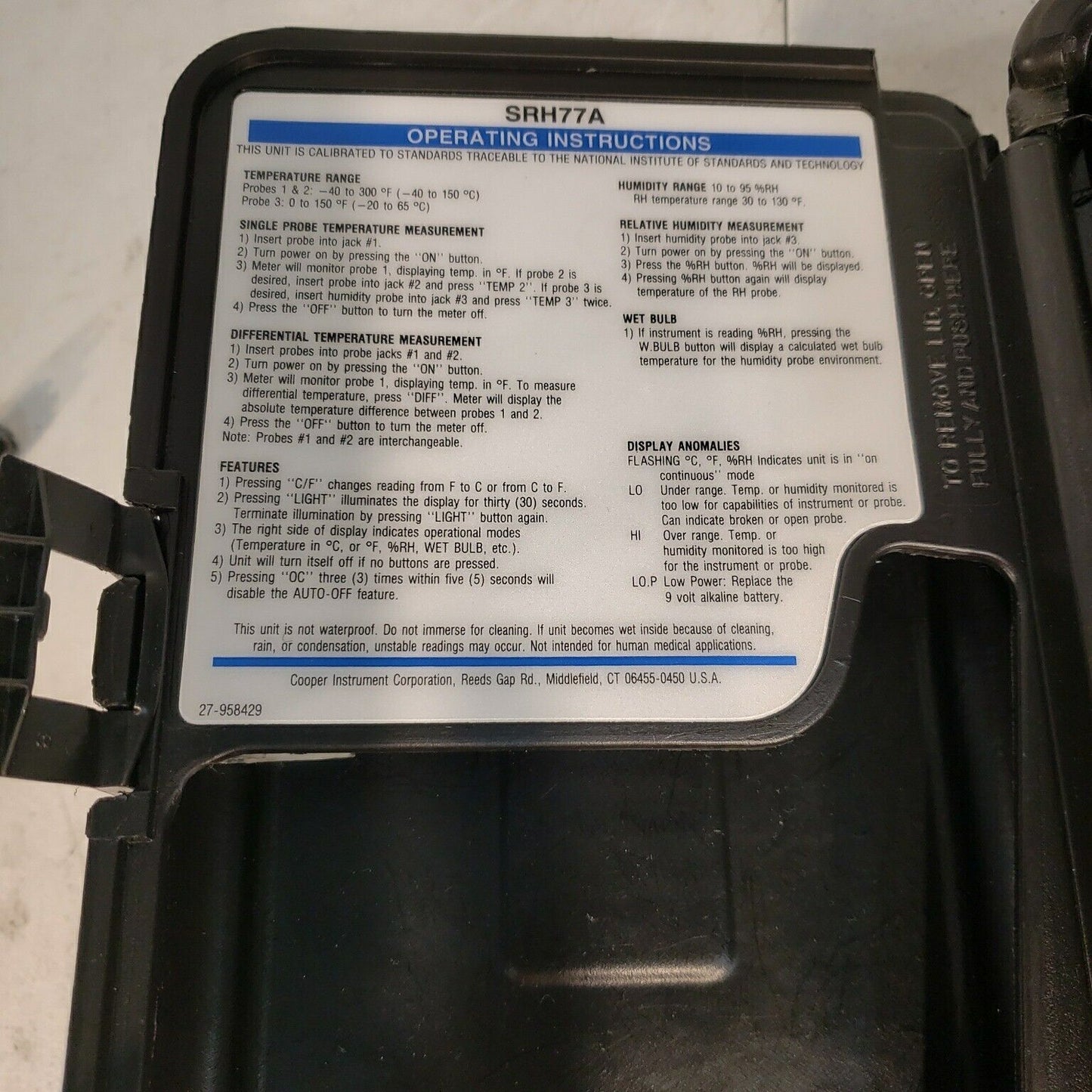 Cooper Instrument Electro-therm SRH77A Digital Instrument Temperature/Humidity
