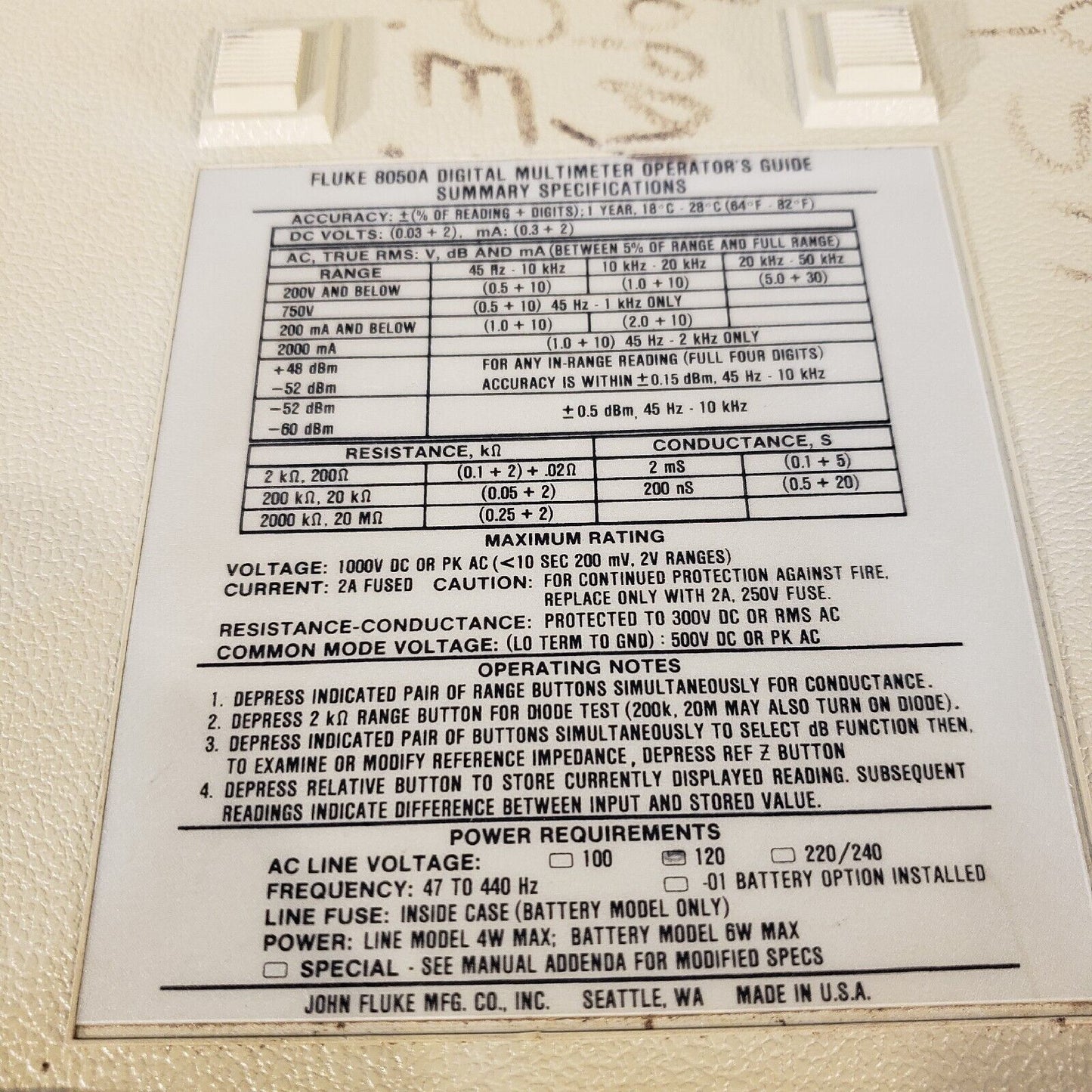 Fluke 8050A Digital Multimeter Power Switch Broken
