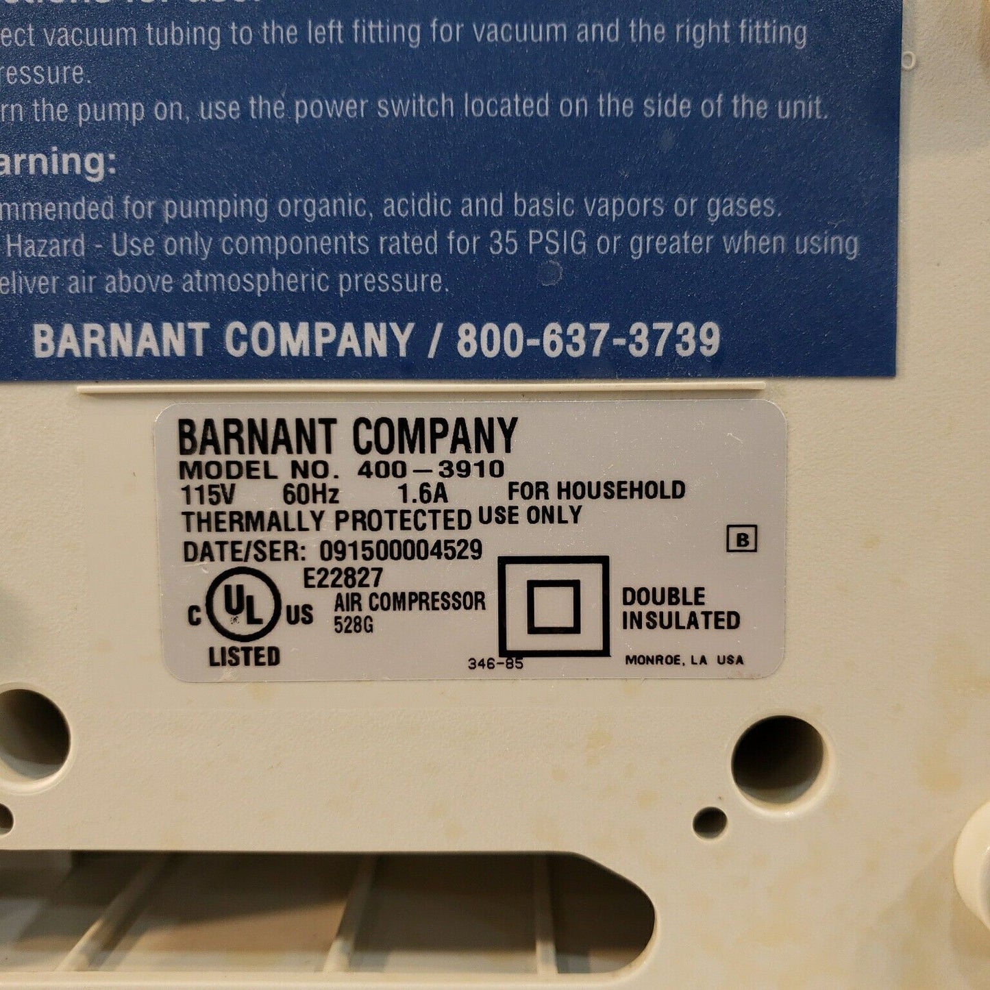 Barnant Vacuum Pressure Station 400-3910 Tested Working