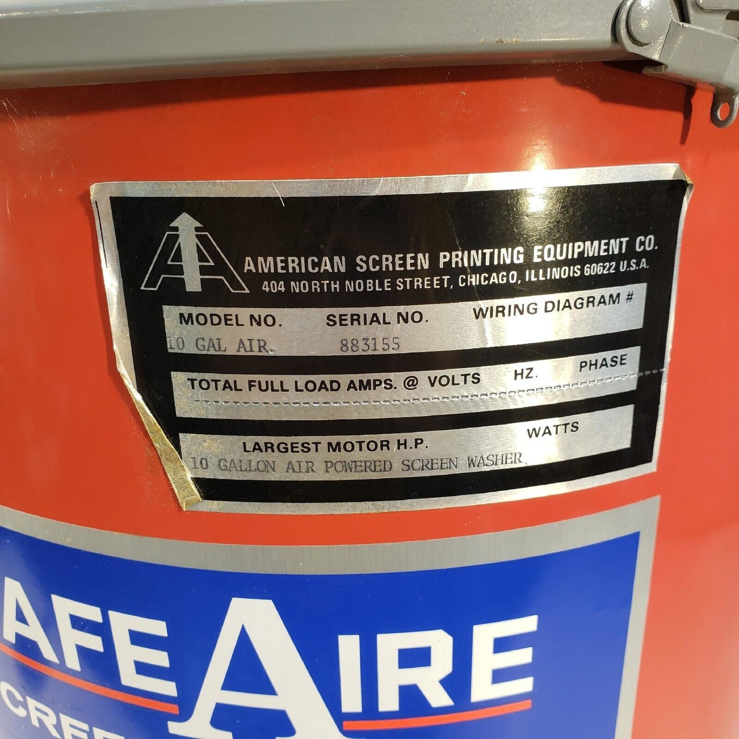 Safe Aire Air Powered Screen Washer 4323 10 Gallon Capacity Pneumatic