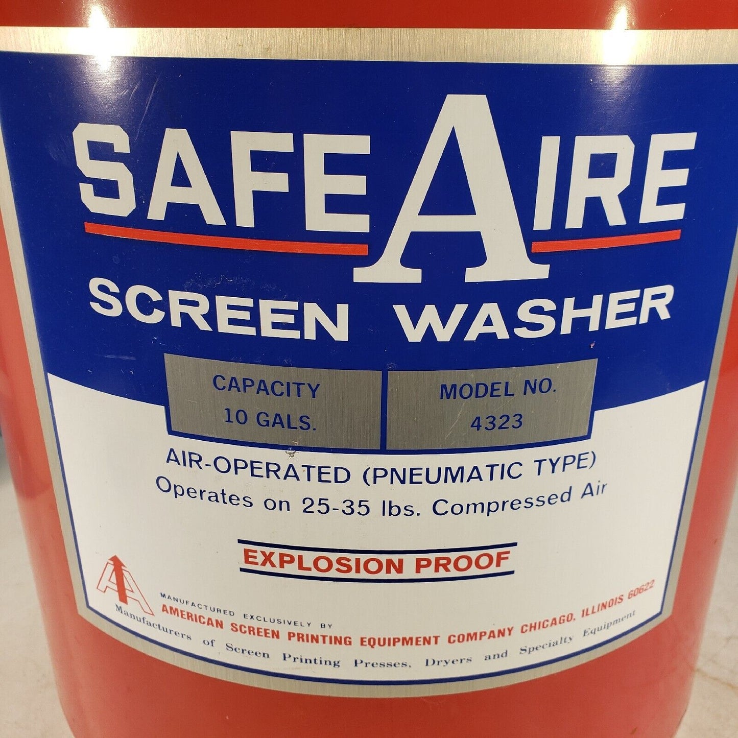 Safe Aire Air Powered Screen Washer 4323 10 Gallon Capacity Pneumatic