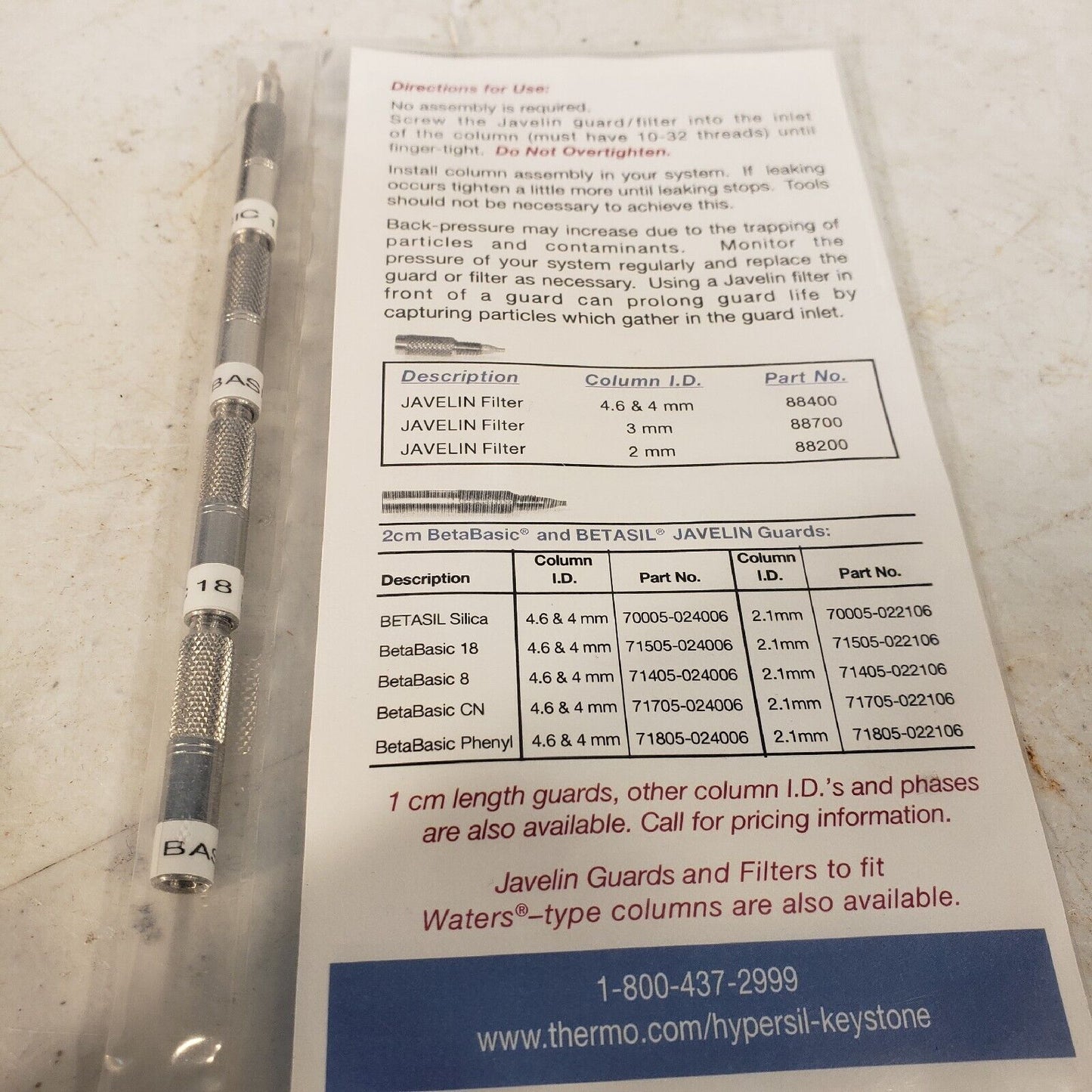 Thermo Fisher BetaBasic 18 20x2.1mm Javelin Guards 4 Pack HPLC
