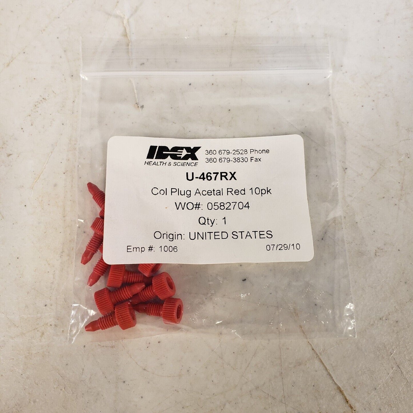IDEX Column Plug Acetal Red 10 Pack U-467RX HPLC High Vacuum