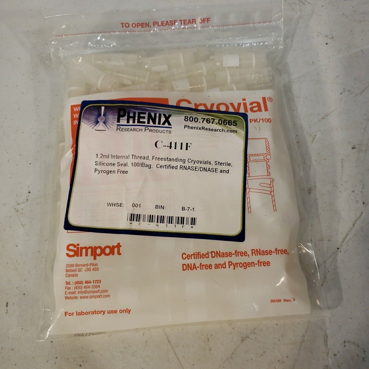 Phenix Research/Simport C-411F Freestanding Cryovials 1.2mL NOS 100/Bag