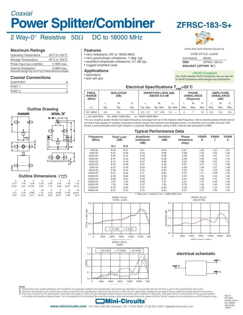 Mini-Circuits ZFRSC-183-S+ DC-18GHz 50 Ohm RF SMA Resistive 2-Way Power Divider