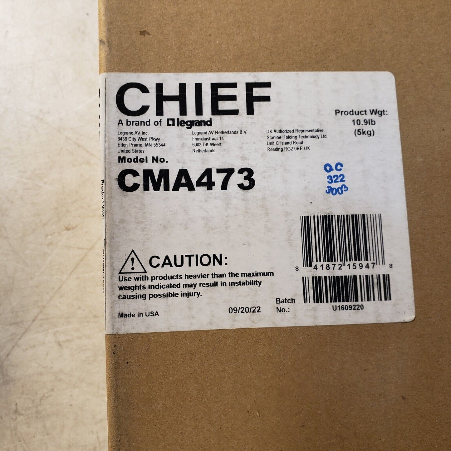 New Chief CMA473 Plenum Rated Storage Box for CMS440/CMA440