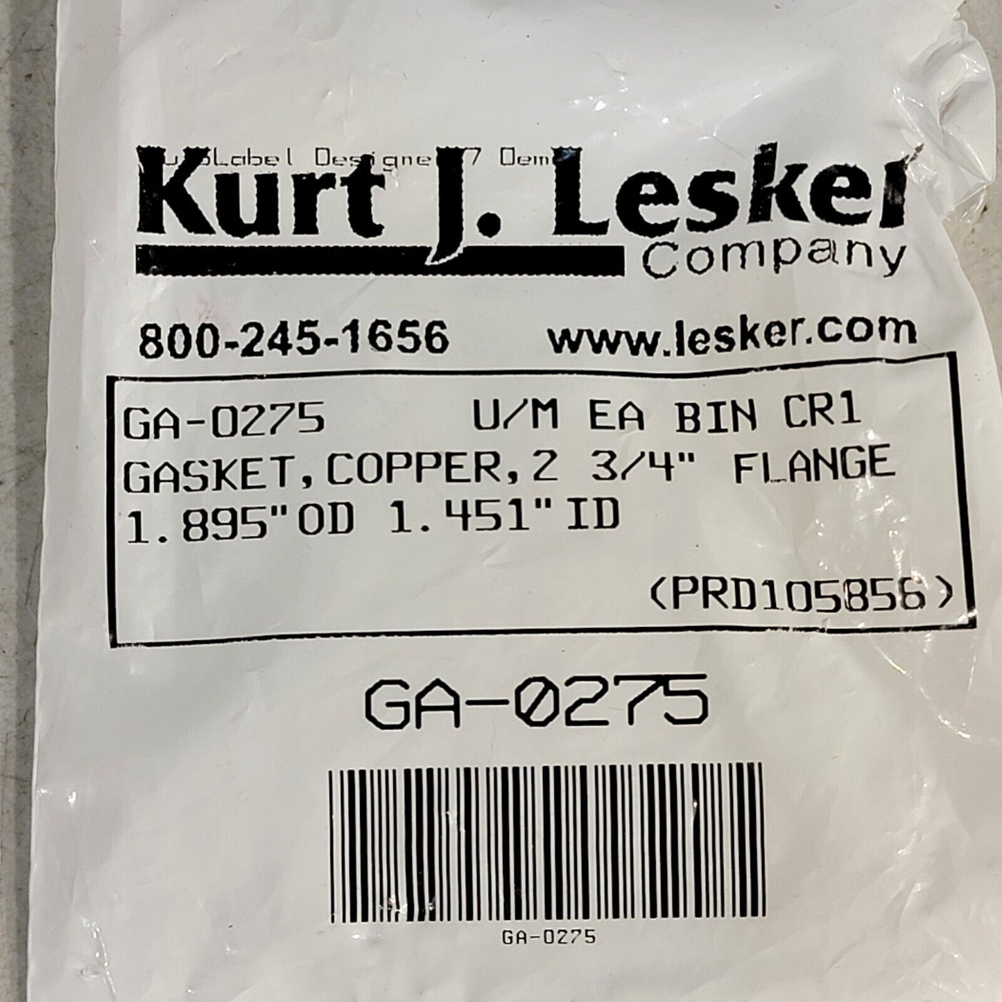 Kurt Lesker Copper Gasket DN35CF 2.75" CF Flange 1.895" OD 1.451" ID GA-0275