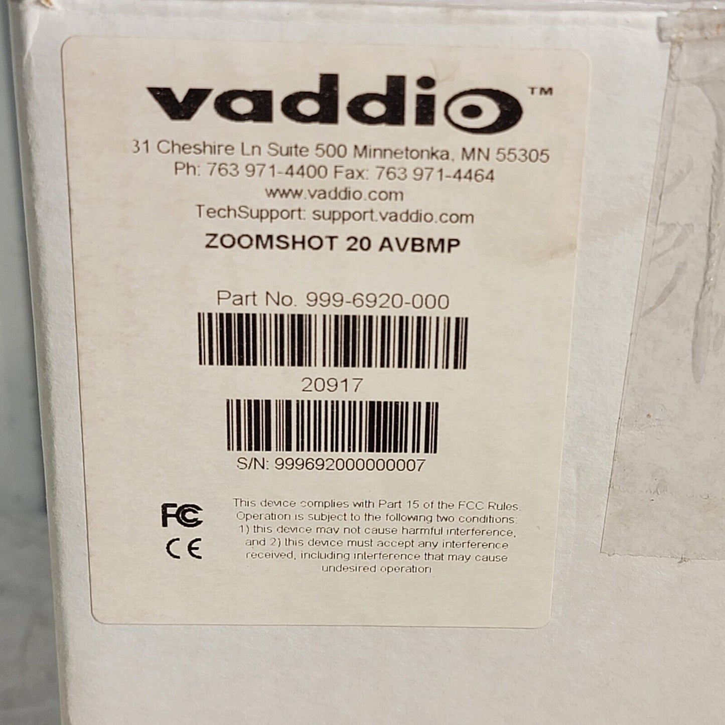 VADDIO ZoomShot 20 HD Point of View Video Camera w/ Remote 20-998-6920-000