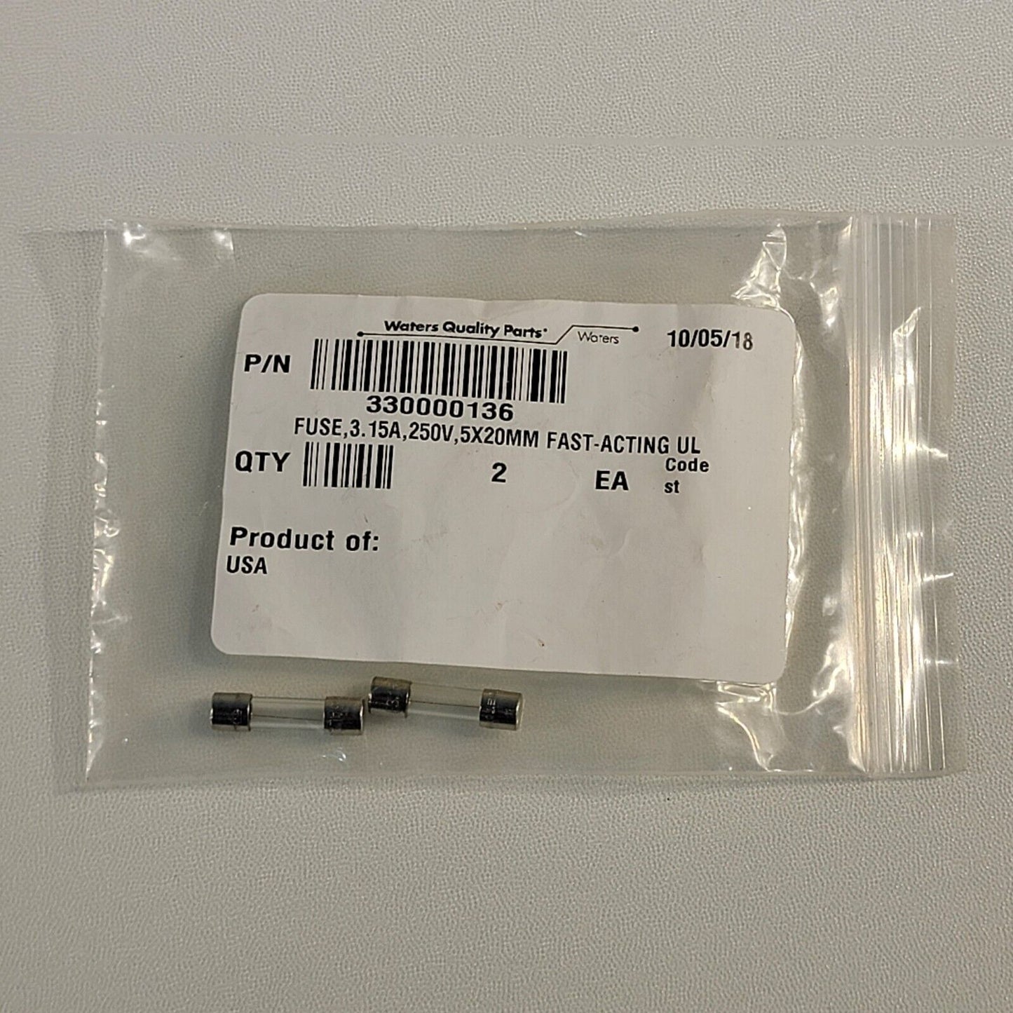 Waters 3.15A Fuse 250V 5x20mm Fast-Acting 330000136 - Lot of 2 Fuses