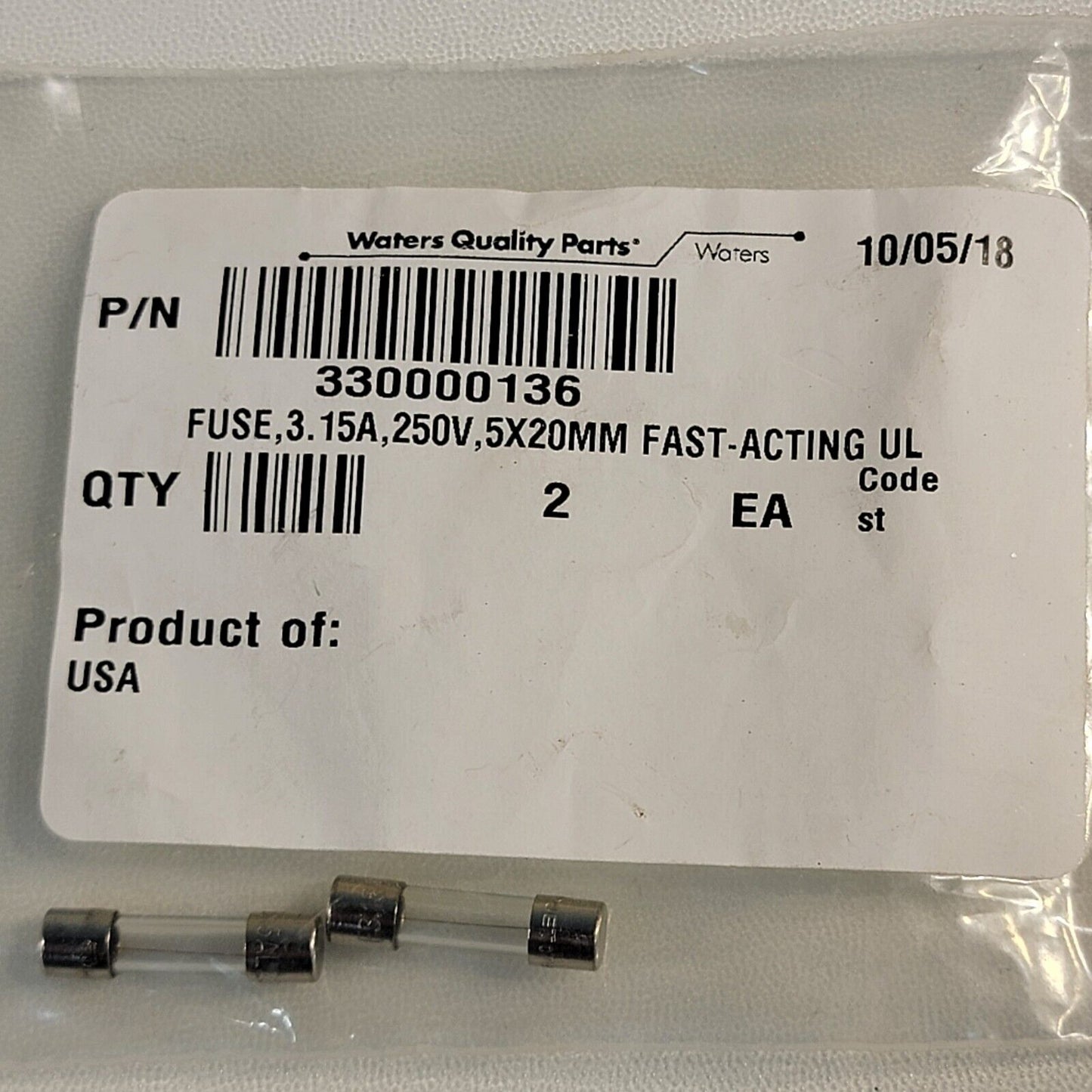 Waters 3.15A Fuse 250V 5x20mm Fast-Acting 330000136 - Lot of 2 Fuses