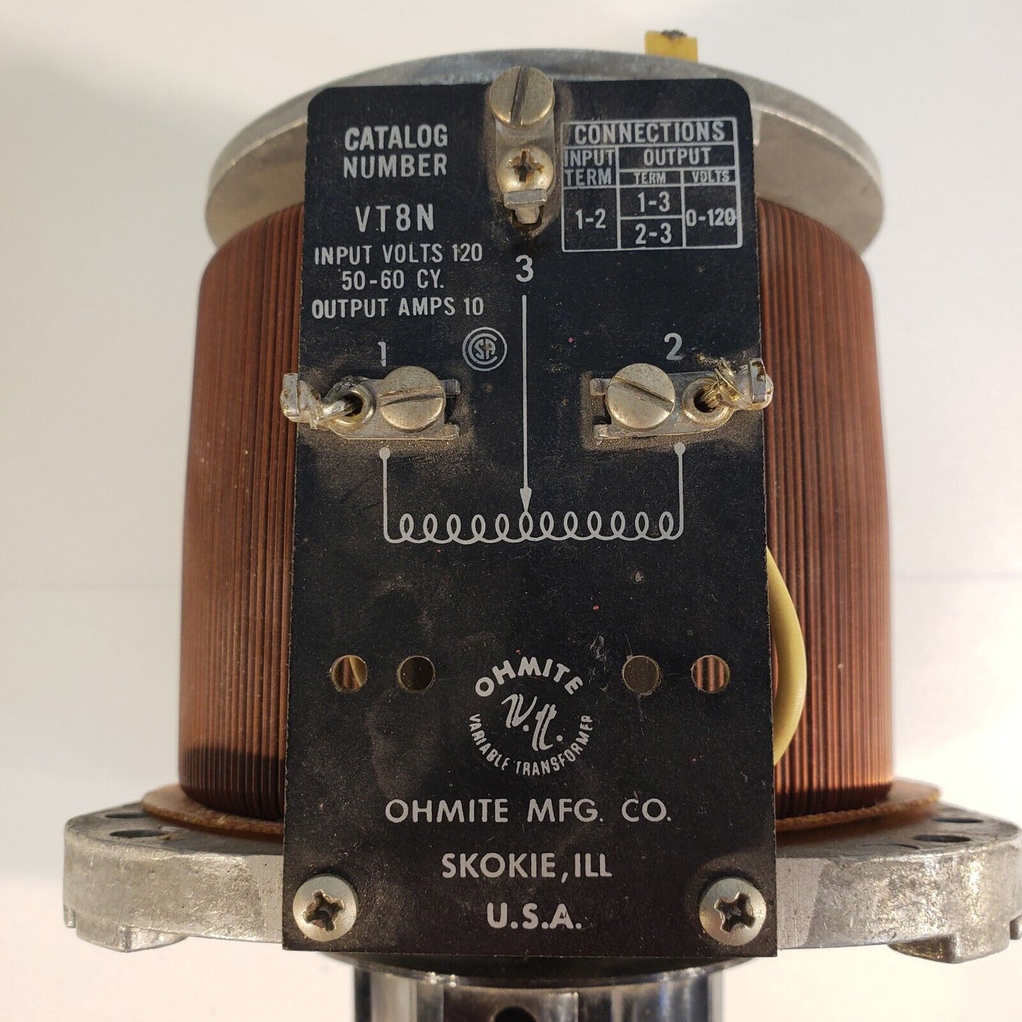 OHMITE VT8N Variable Transformer Variac Input 120V 50-60Hz Output 10A