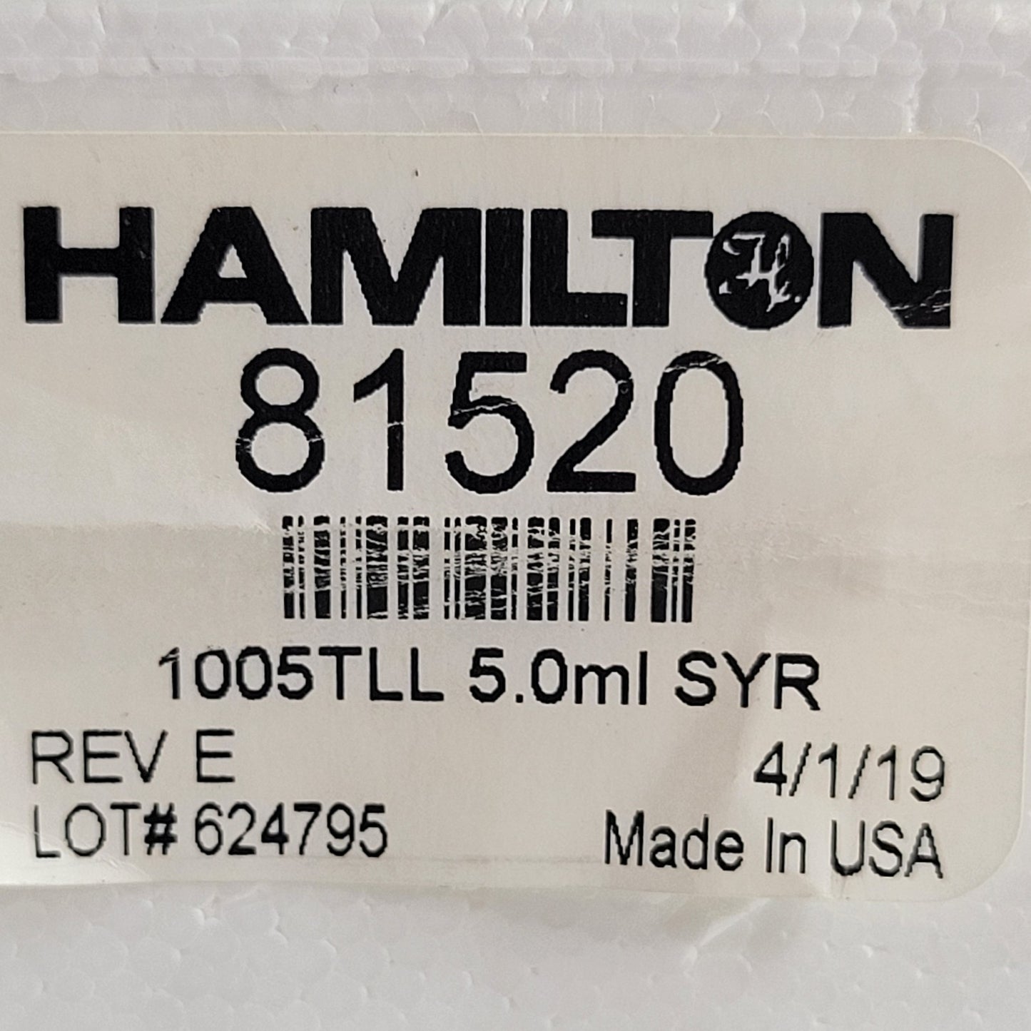 HAMILTON 81520 5.0ml/5000μl  Gastight #1005 Srng, No Ndl