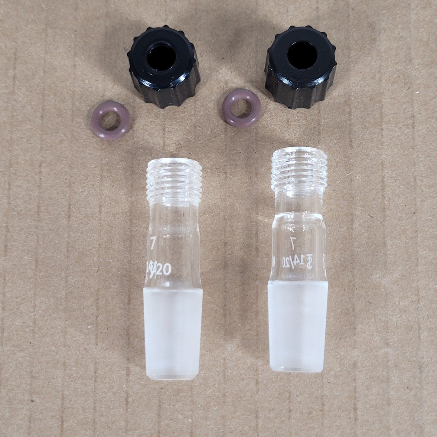 Set of 2 Adapters 14/20 Bottom Male Joint to #7 Threading w/Caps & O-Rings
