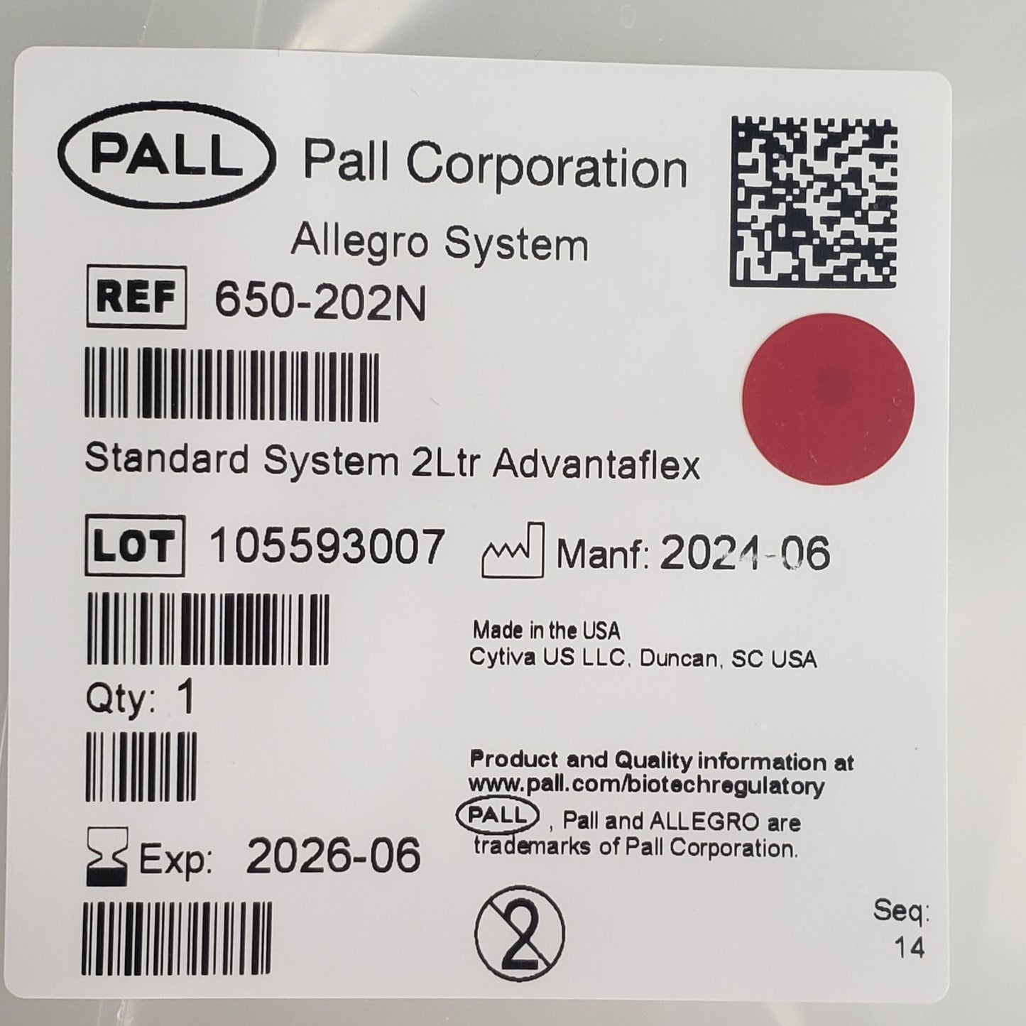 Pall Cytiva 650-202N Allegro 2D 2L TPE AdvantaFlex Biocontainer 15pk