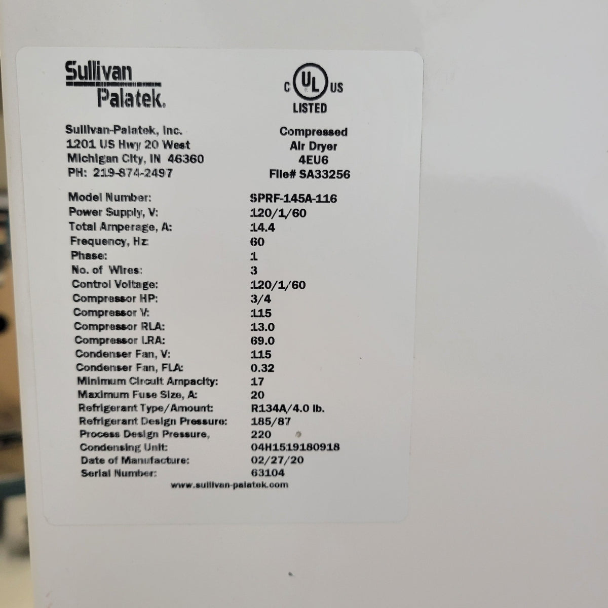 TESTED Sullivan Palatek SPRF-145A-116 145CFM Refrigerated Air Dryer 120V