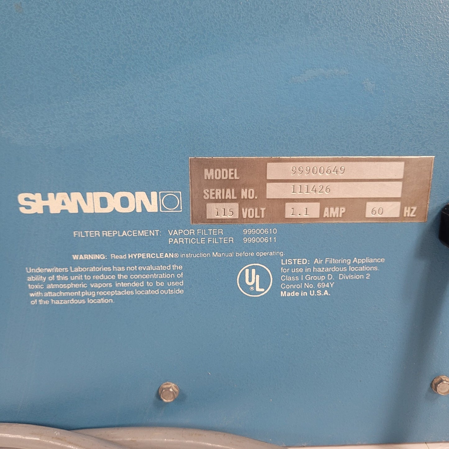 Shandon HyperClean 1 9990649 Pathology Fume Extraction Workstation 115V