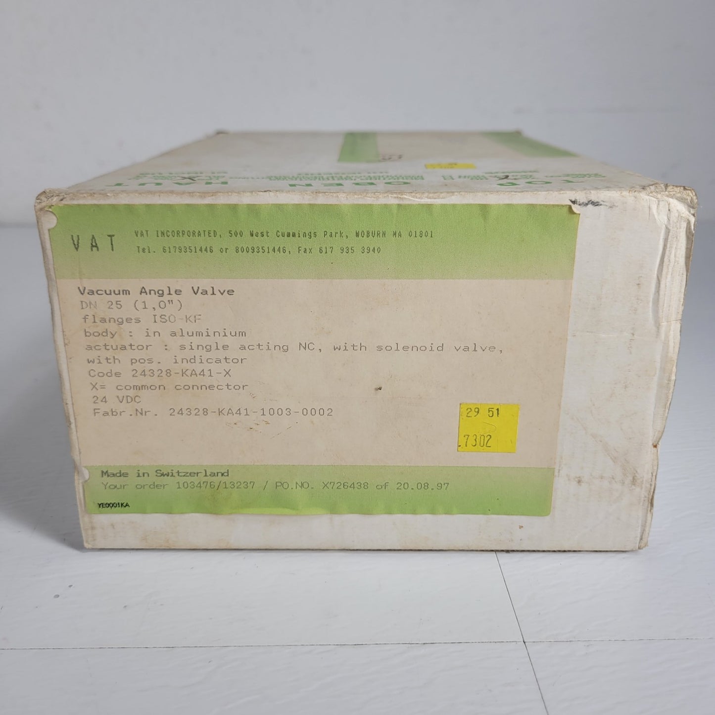 VAT 24328-KA41-1003/2 Pneumatic Vacuum Right Angle Valve 24VDC NW25 KF25 90deg