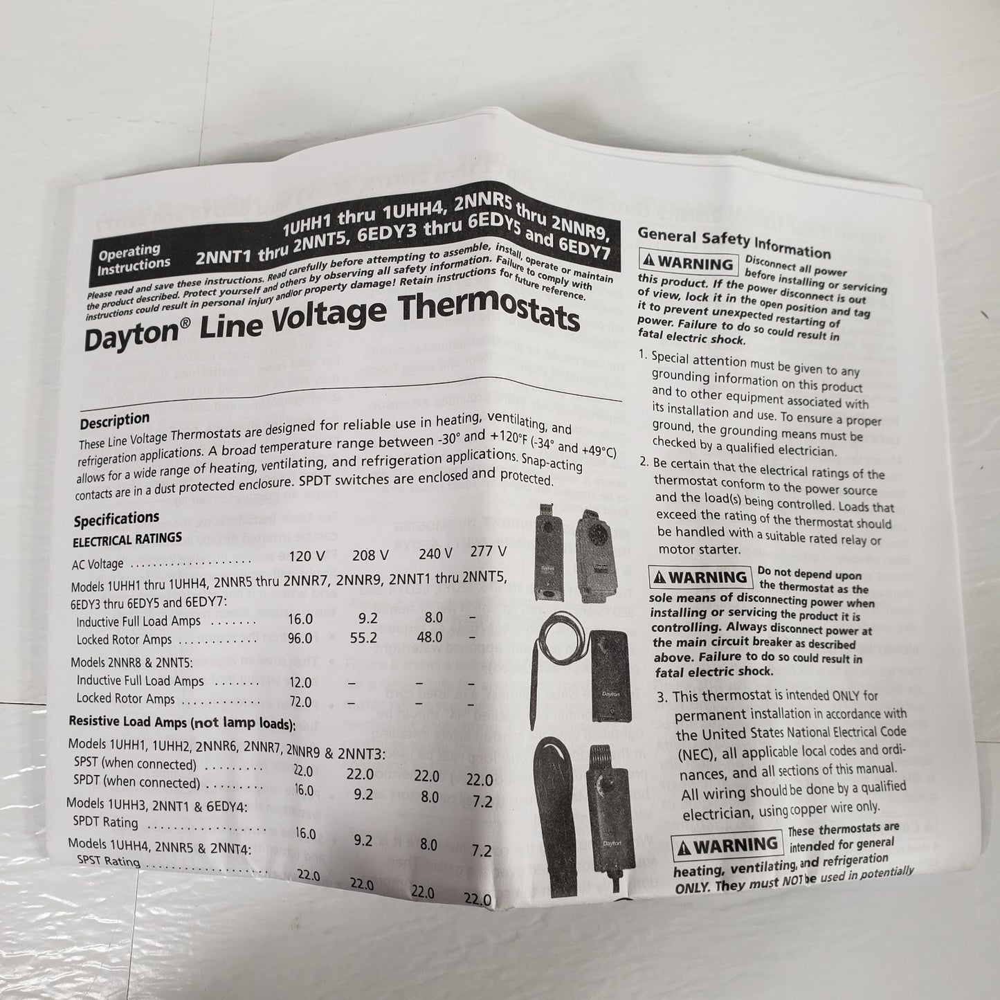 DAYTON 2NNR6 Dial Thermostat with Original User Manual and Celsius Sticker