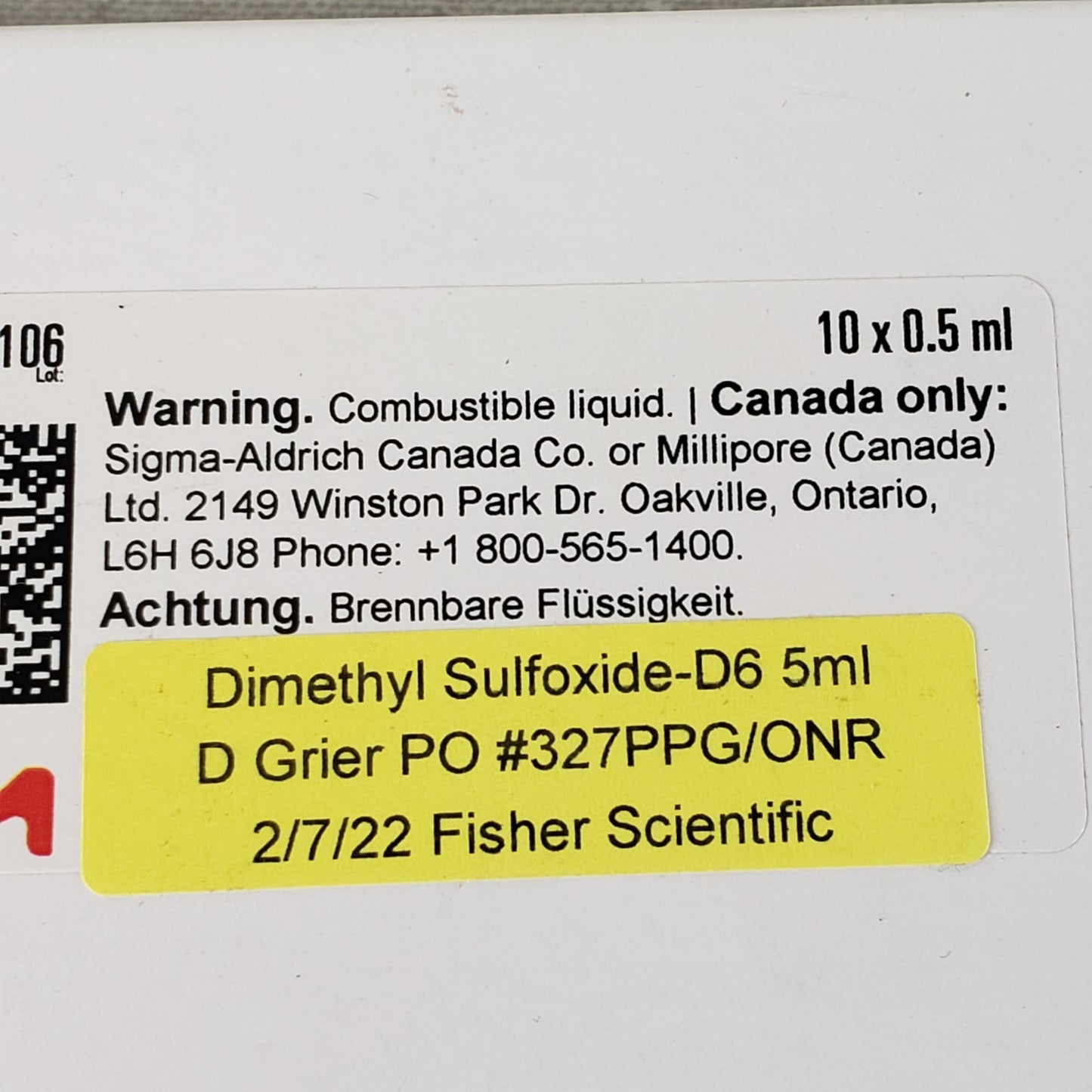 6x Sigma Aldrich 2206-27-1 DMSO Dimethyl Sulfoxide-D6 NMR 99.8 Strd .5mL Ampoule