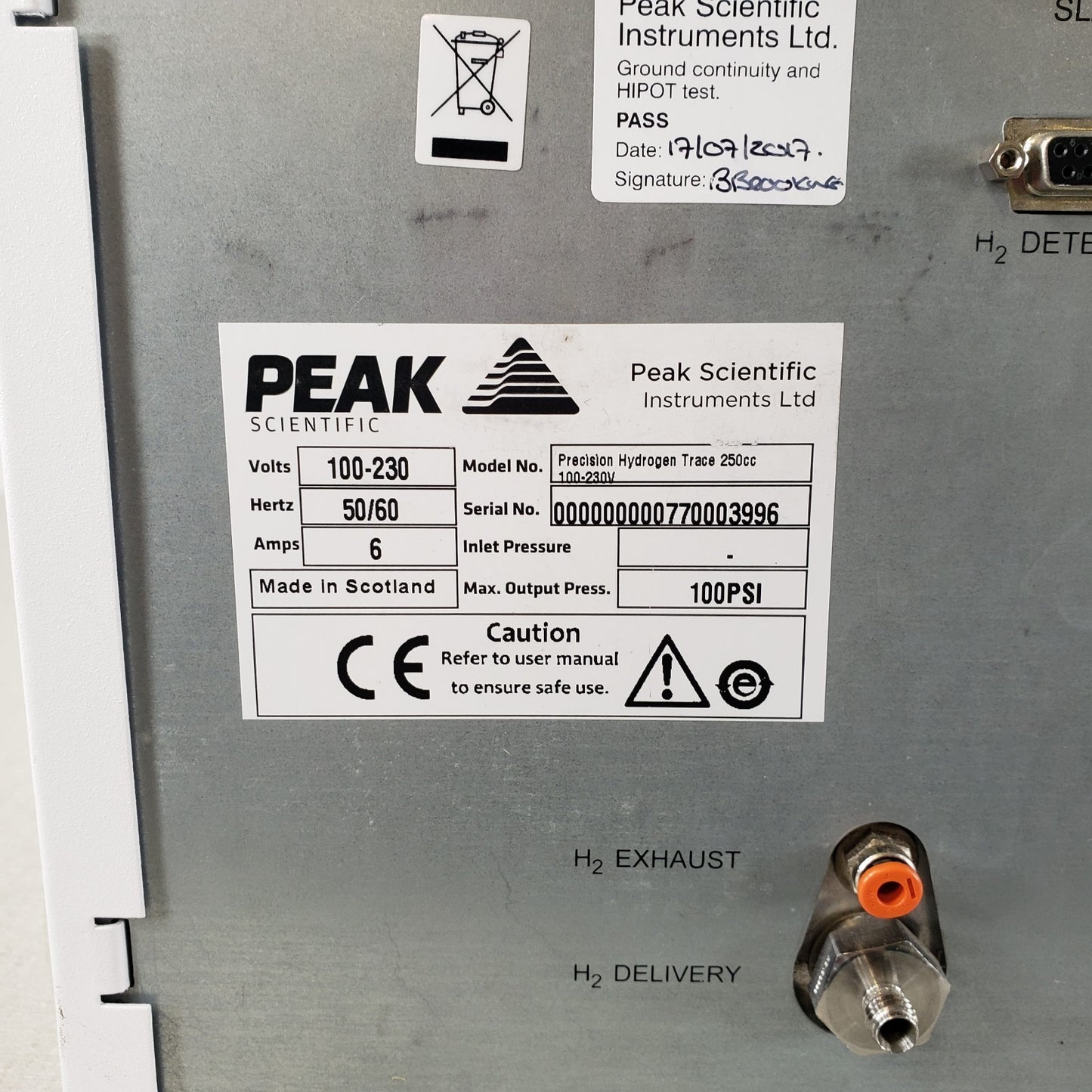 TESTED WORKS Peak Scientific Precision Trace Hydrogen Generator H2 250cc 100psi
