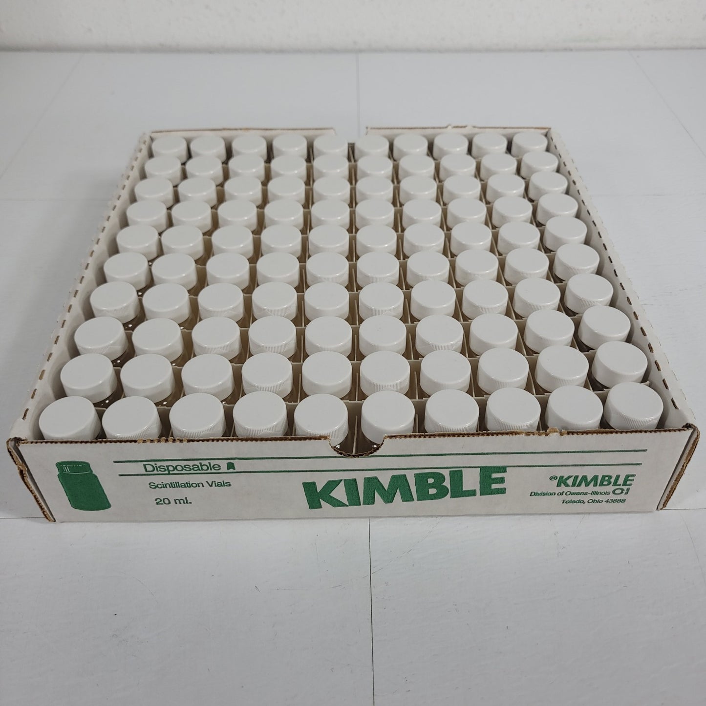 KIMBLE 74500-20 20mL Glass Scintillation Vials w/ Caps 100/Tray NEW