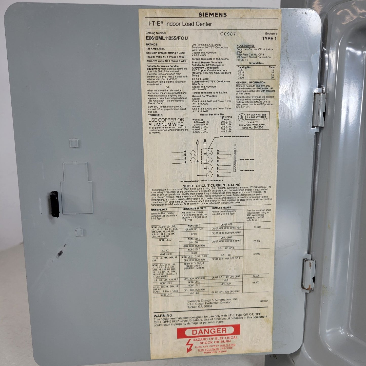 Siemens ITE E0612ML1125S/FC-U Electrical Subpanel 8 Breaker Split Phase 125 Amp